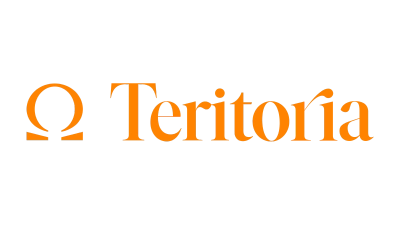 Logo orange composé d'un oméga majuscule suivi du mot "Teritoria" en police serif