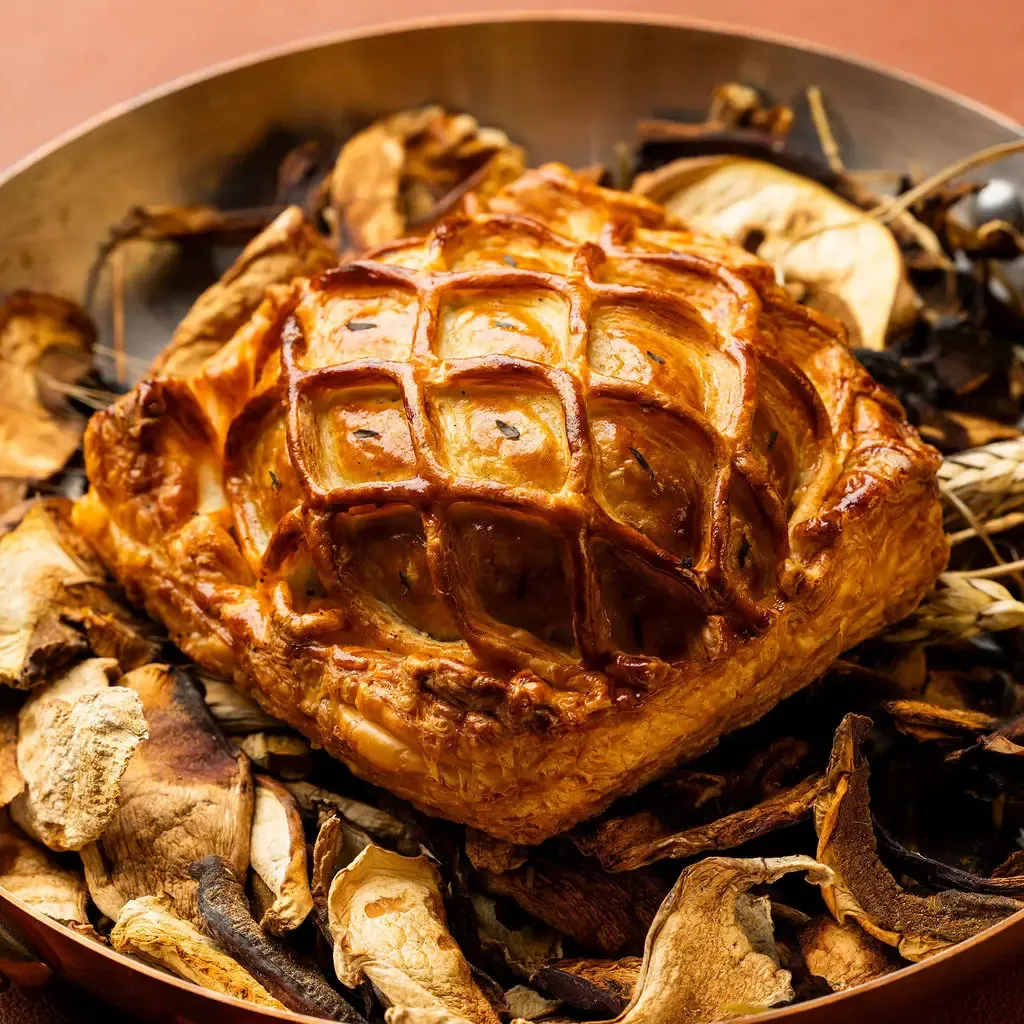 A metal dish containing a golden roast surrounded by roasted vegetables