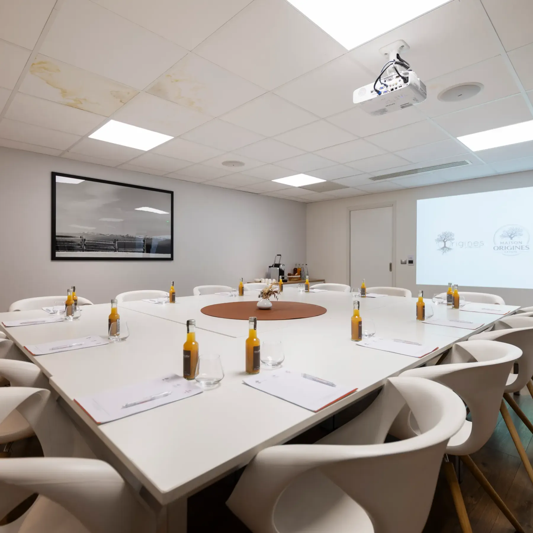 Meeting room with an oval table, modern chairs, bottles and glasses, a projector and a screen displaying logos