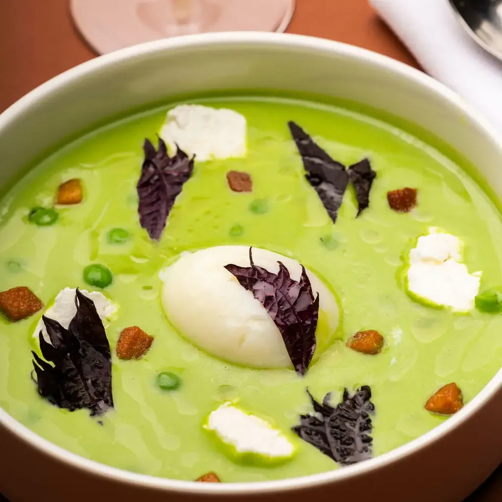 Bowl of green soup garnished with poached egg, croutons, and leafy vegetables