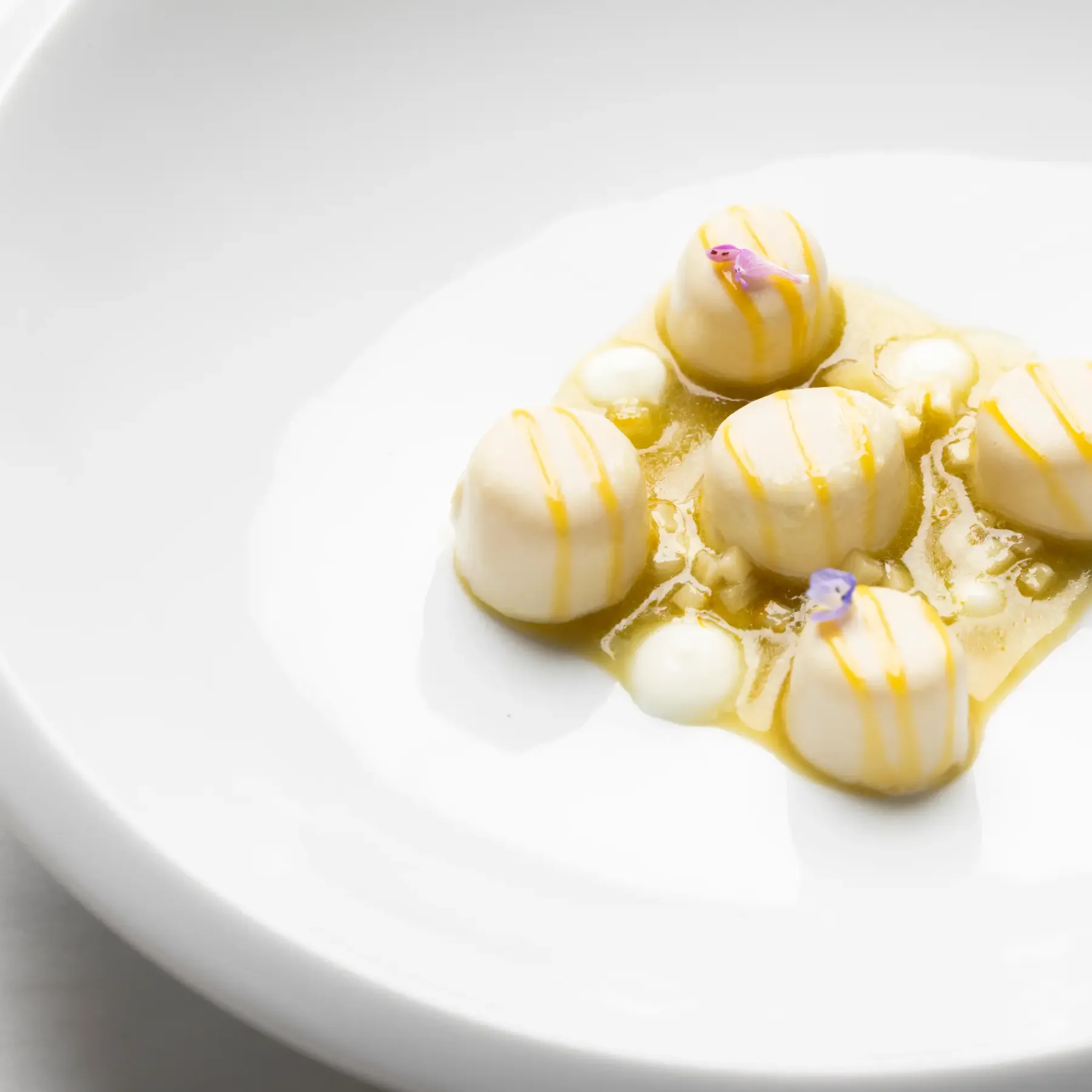 White dessert spheres on a light yellow sauce, garnished with small purple flowers, served on a white plate.