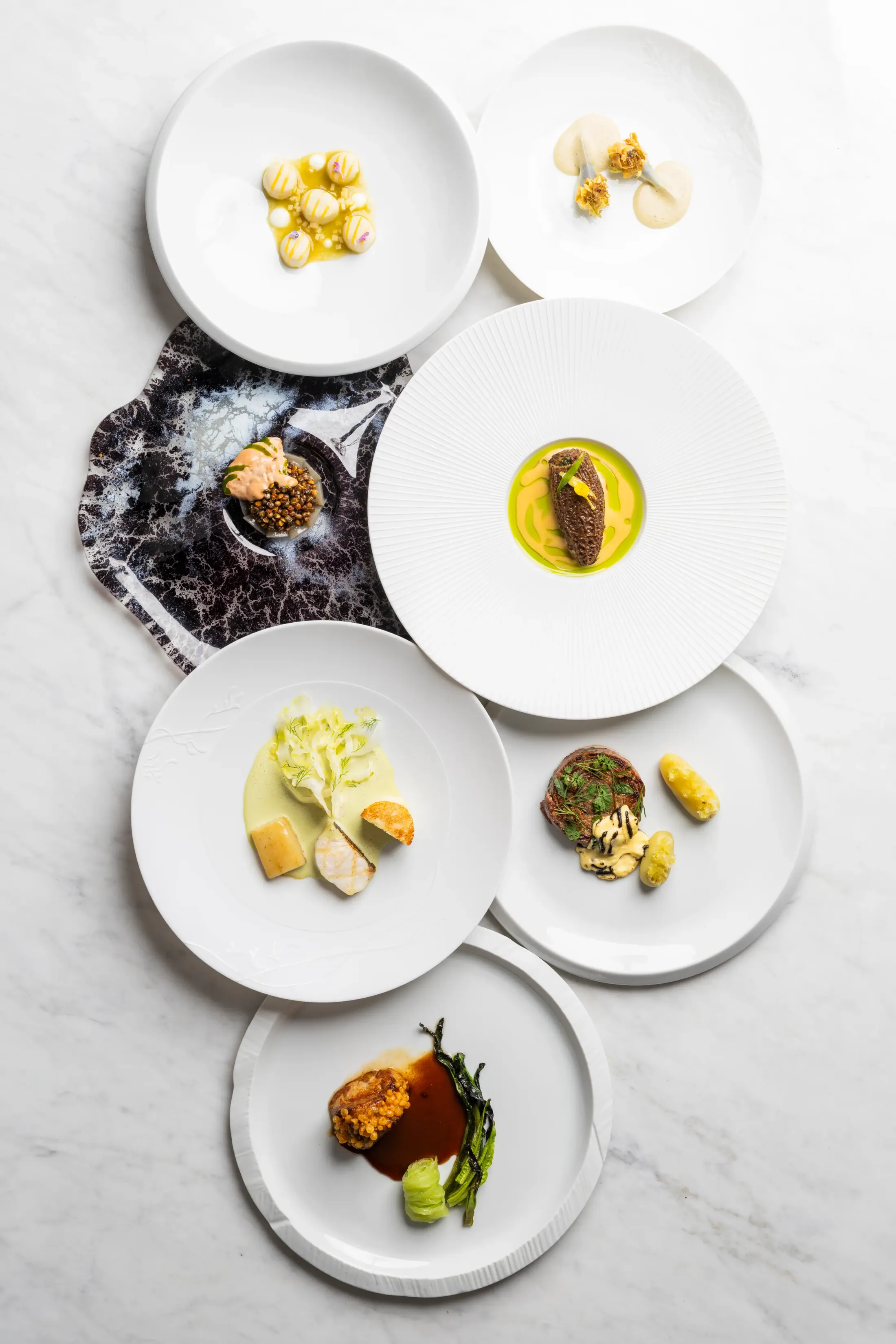 Six assiettes blanches présentant des plats gastronomiques variés disposés sur une surface en marbre blanc