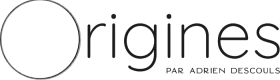Logo avec un cercle à gauche et le texte "origines par Adrien Descouls" à droite