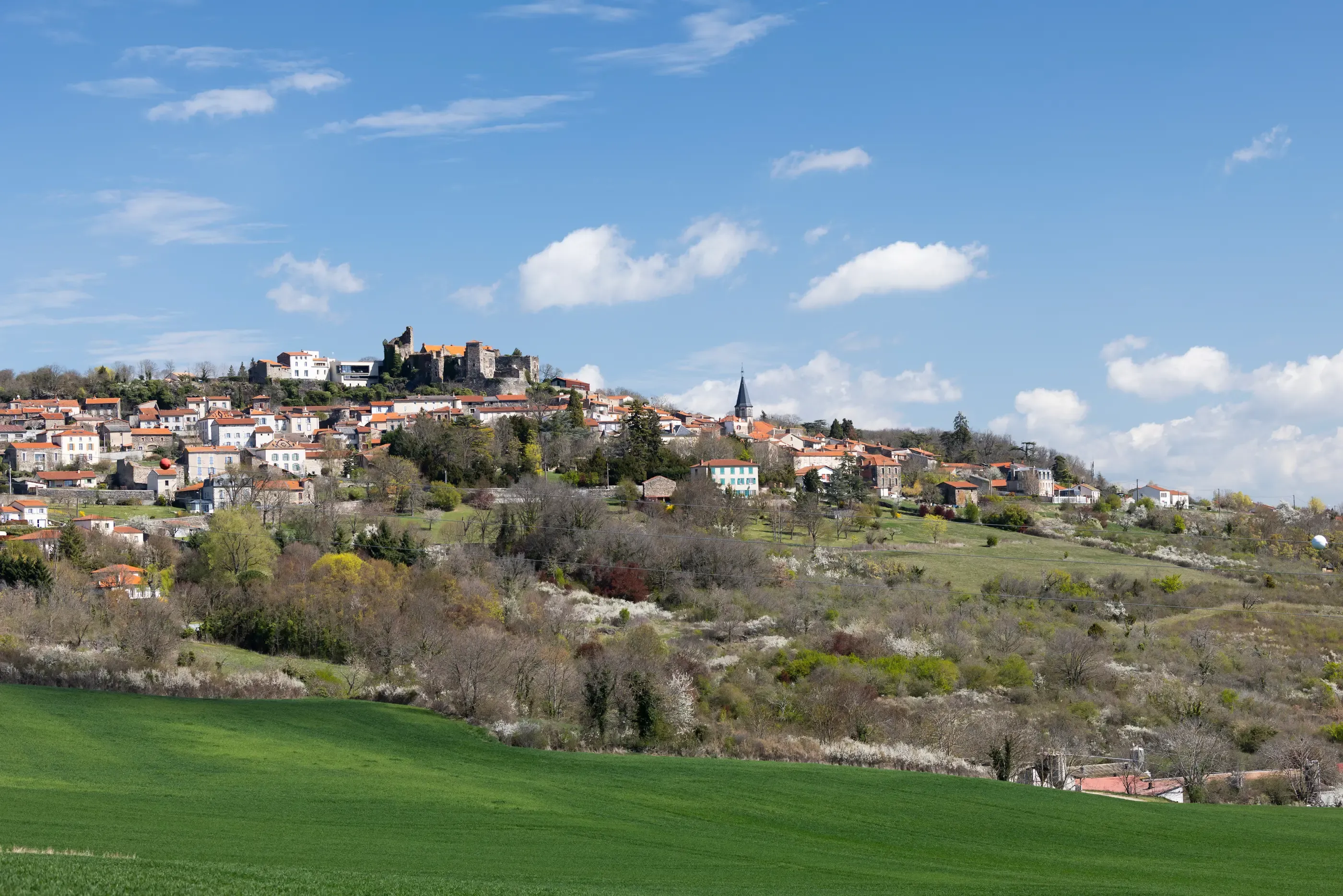 A village perched on a hill with red-roofed houses, a ruined castle, and a church, surrounded by greenery and fields.